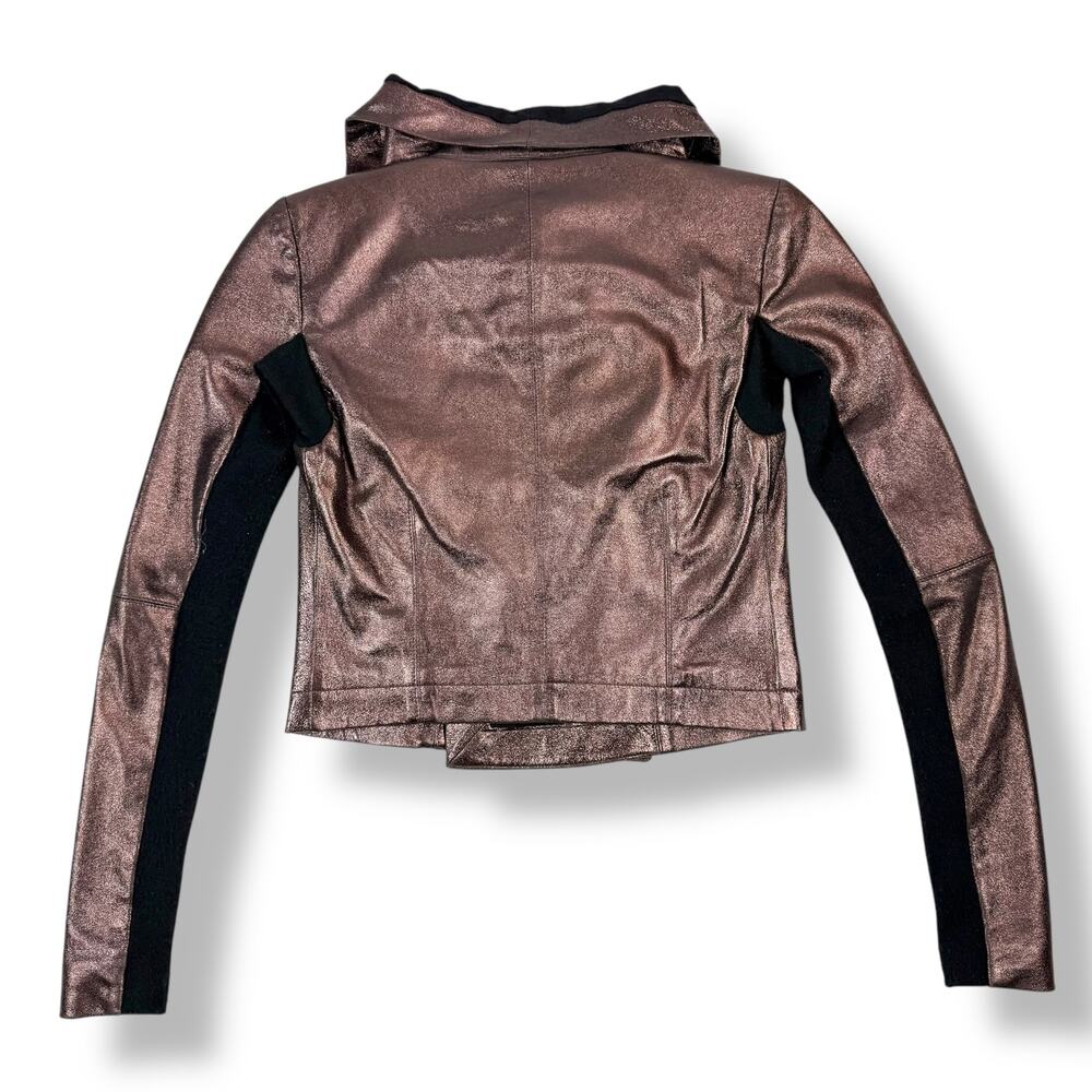 VEDA NYC metallic bronze lamb leather fitted cropped biker jacket - Picture 10 of 16